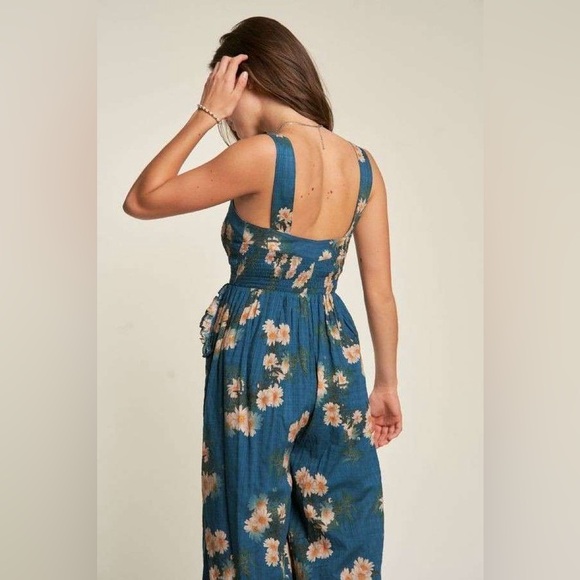 149B. Floral Smocked Bodice Jumpsuit - Teal Blue - Picture 5 of 9